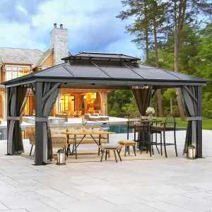 YITAHOME 12x16FT Gazebo Hard-Top Double Roof Canopy Outdoor with Netting and Shaded Curtains, Aluminum Frame Polycarbonate Hardtop Garden Tent for Patio, Backyard, Deck and Lawns, Grey