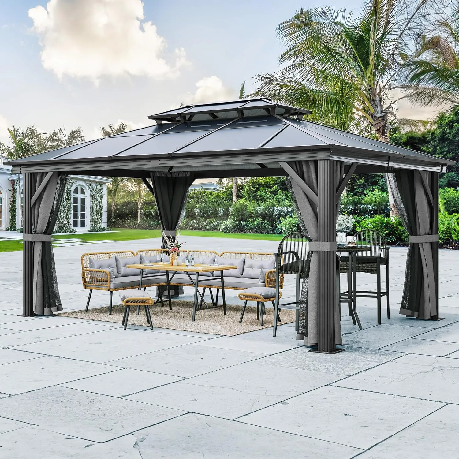 YITAHOME 12x16FT Gazebo Hard-Top Double Roof Canopy Outdoor with Netting and Shaded Curtains, Aluminum Frame Polycarbonate Hardtop Garden Tent for Patio, Backyard, Deck and Lawns, Grey