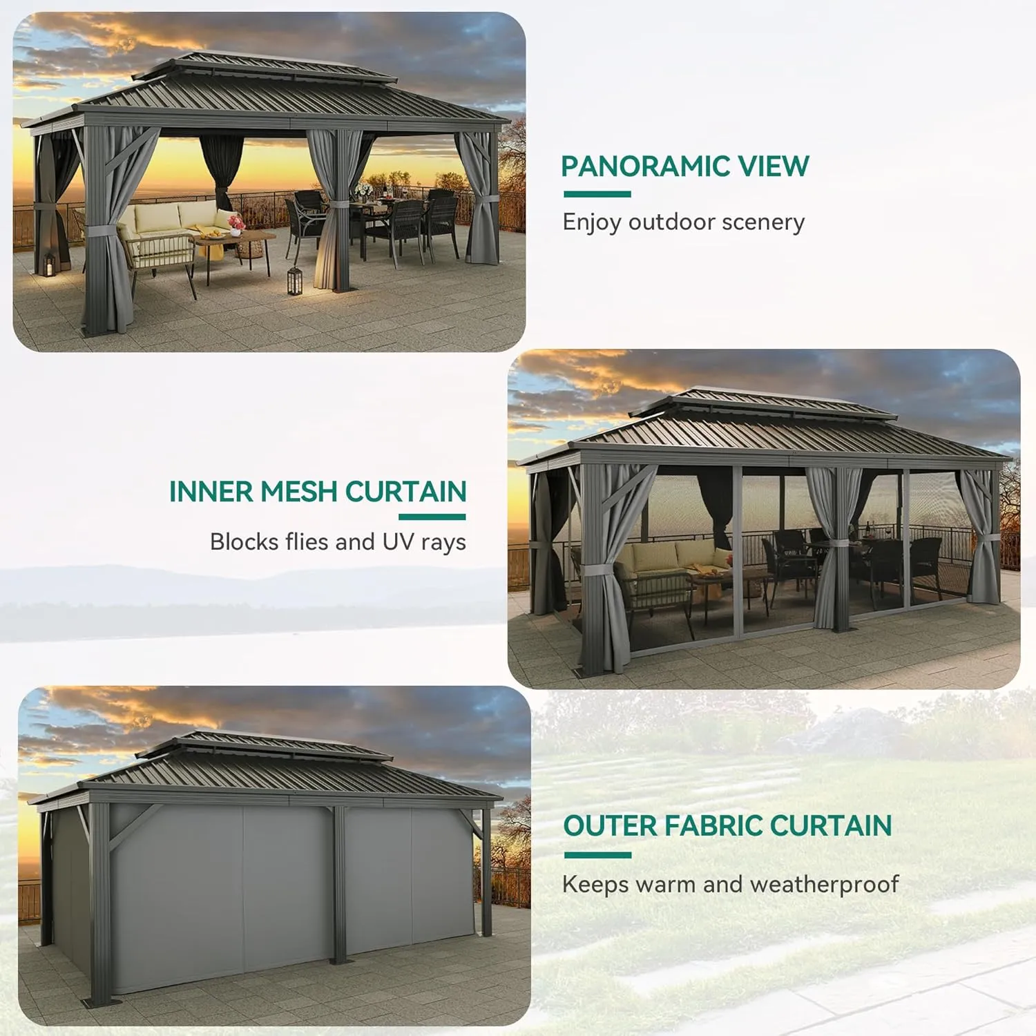 YITAHOME 12X20FT Metal Gazebo Hard Top Patios Double Roof Canopy Aluminum Frame Garden Gazebo Tent Curtains Netting for Patios Backyards Decks Lawns Gray