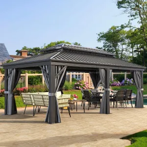 YITAHOME 12X20FT Metal Gazebo Hard Top Patios Double Roof Canopy Aluminum Frame Garden Gazebo Tent Curtains Netting for Patios Backyards Decks Lawns Gray