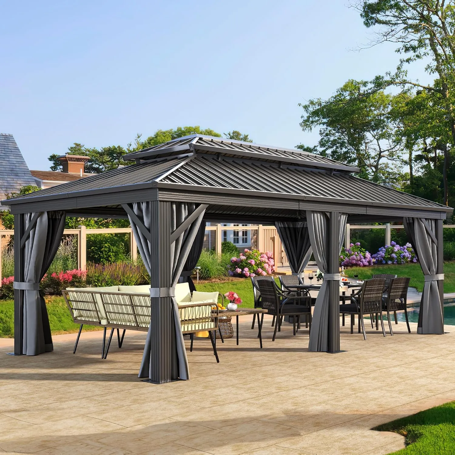YITAHOME 12X20FT Metal Gazebo Hard Top Patios Double Roof Canopy Aluminum Frame Garden Gazebo Tent Curtains Netting for Patios Backyards Decks Lawns Gray