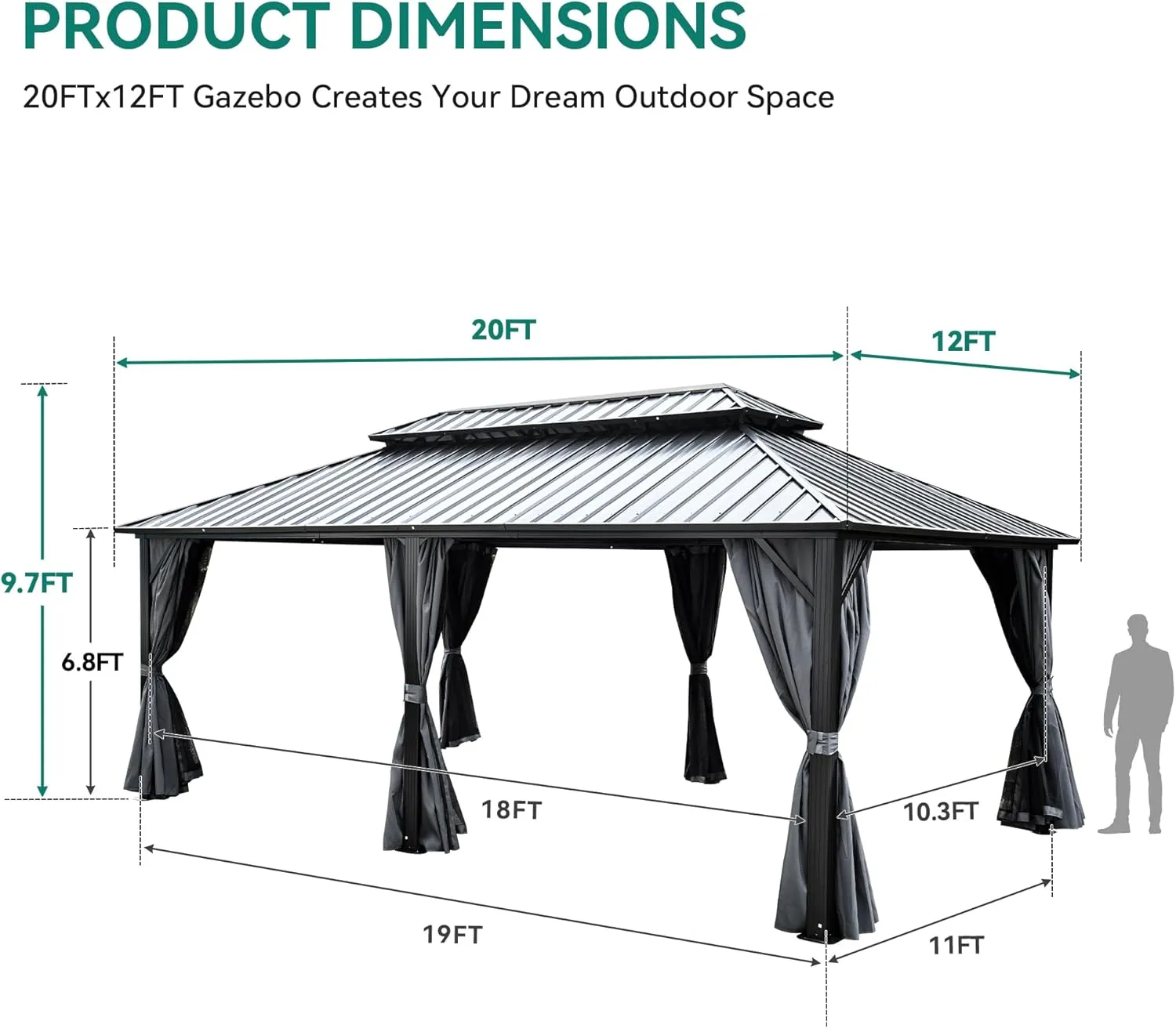 YITAHOME 12X20FT Metal Gazebo Hard Top Patios Double Roof Canopy Aluminum Frame Garden Gazebo Tent Curtains Netting for Patios Backyards Decks Lawns Gray