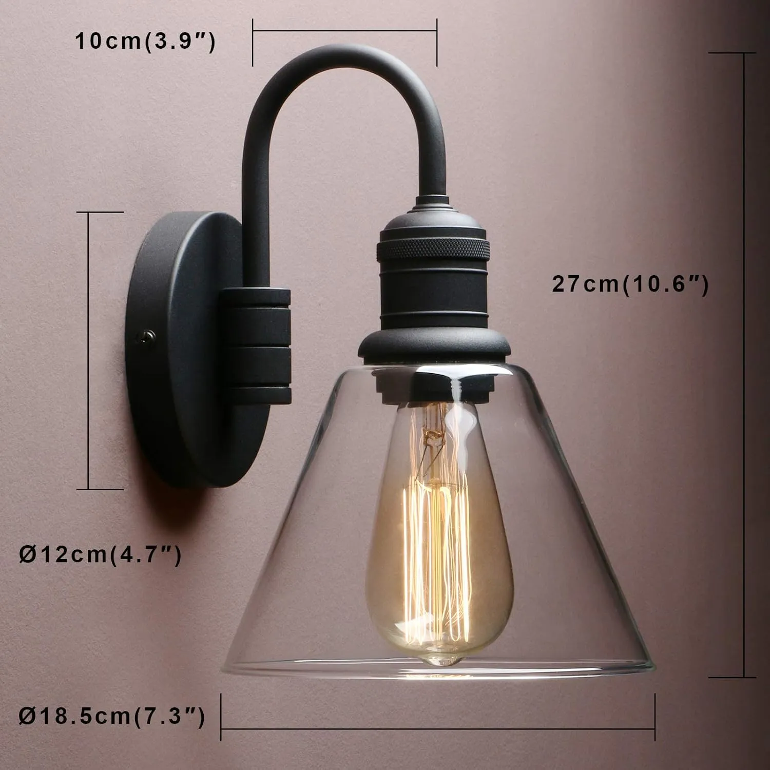 Yosoan 1-Light Vintage Industrial Fixture Light, Funnel Flared Clear Glass Shade with Elegant Gooseneck Curved Rod Wall Sconce for Bathroom Porch Kitchen Living Room Hotel Bar Foyer(Black)