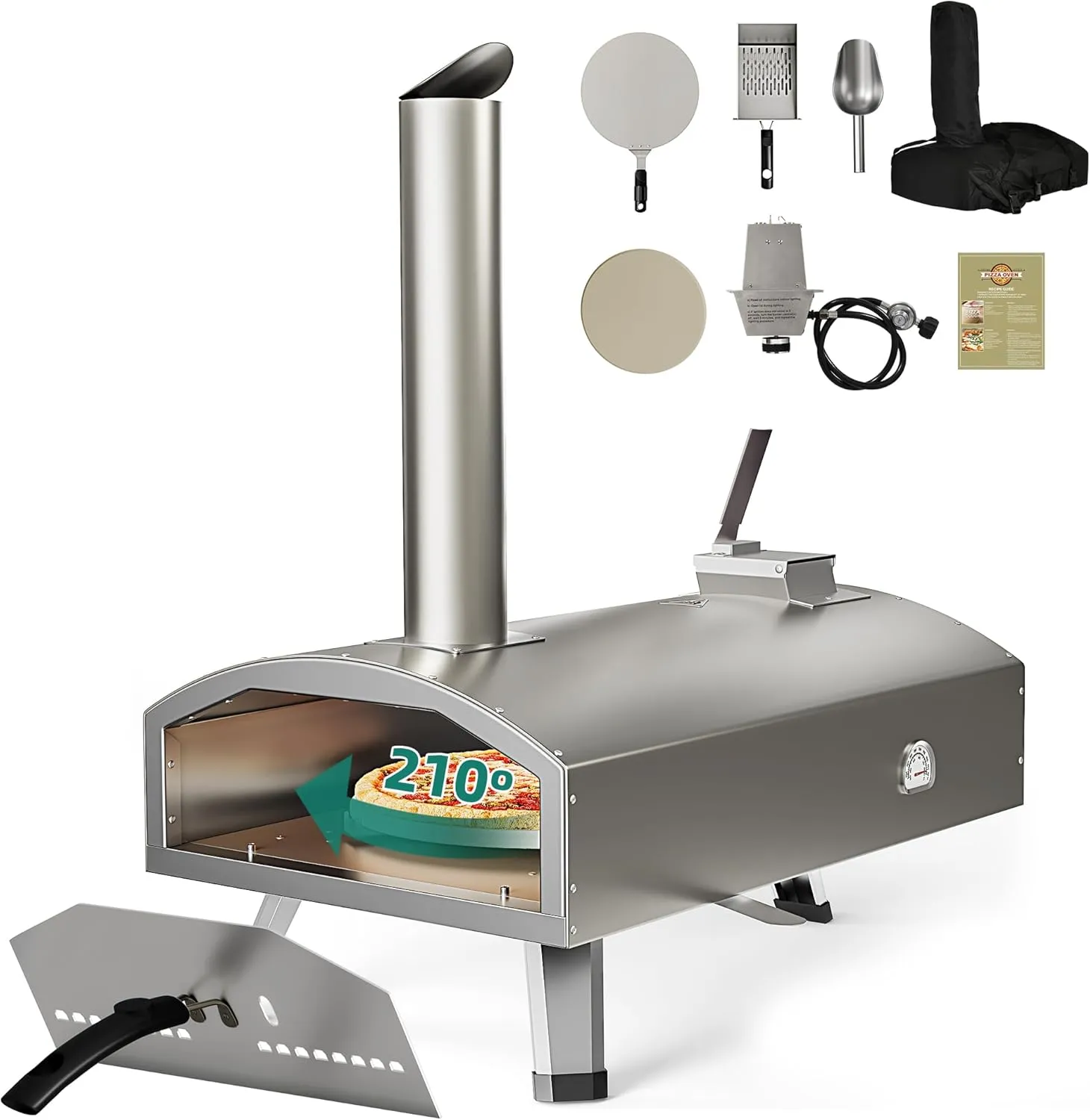 YTIAHOME Multi-Fuel Outdoor Pizza Oven with Rotating, 12" Wood and Gas Fired Pizza Oven with Built-in Thermometer, Dual Fuel Pizza Maker with Peel, Stone, Carry Cover, Recipes for Backyard Camp
