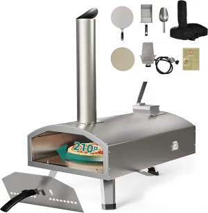 YTIAHOME Multi-Fuel Outdoor Pizza Oven with Rotating, 12" Wood and Gas Fired Pizza Oven with Built-in Thermometer, Dual Fuel Pizza Maker with Peel, Stone, Carry Cover, Recipes for Backyard Camp