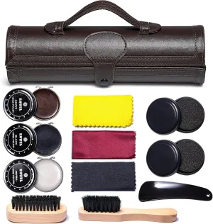 YUET 12PC Shoe Shine Kit Leather Boot Polish Kit w/Brushes and Brown, Black, Neutral Polish for Shoe Care and Cleaning