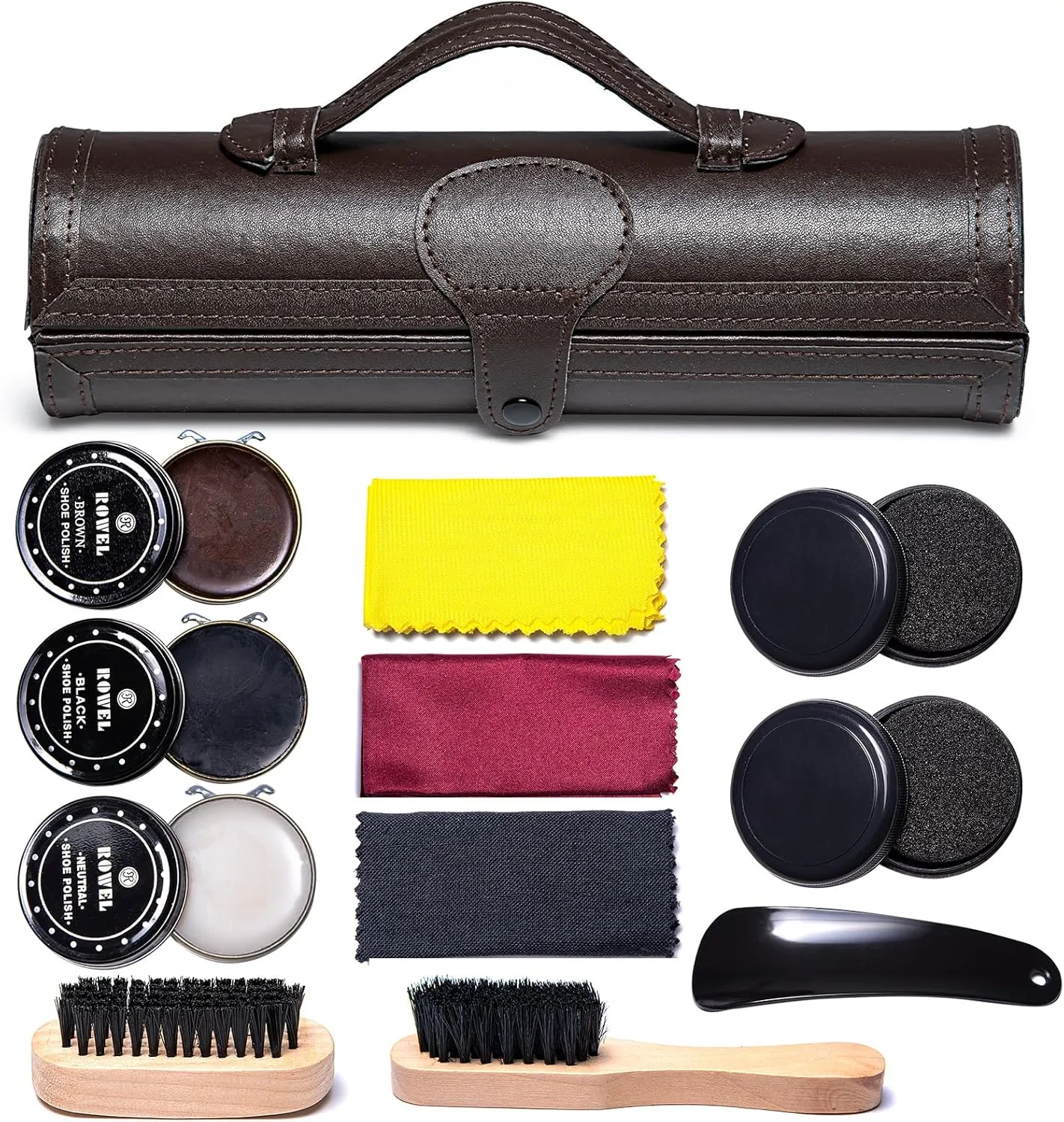 YUET 12PC Shoe Shine Kit Leather Boot Polish Kit w/Brushes and Brown, Black, Neutral Polish for Shoe Care and Cleaning