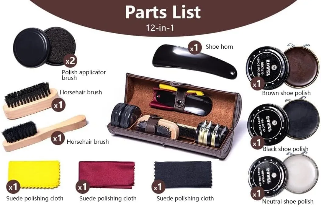 YUET 12PC Shoe Shine Kit Leather Boot Polish Kit w/Brushes and Brown, Black, Neutral Polish for Shoe Care and Cleaning