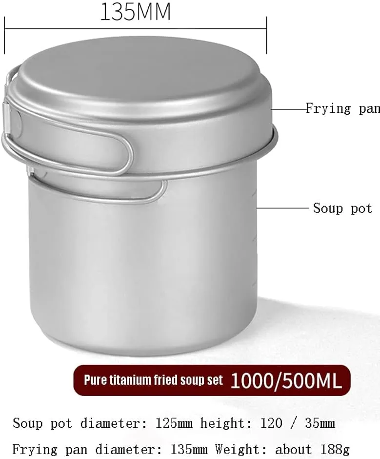 YYDS Outdoor Camping Camping Cookware Kit Pure Titanium Fried Soup Two-Piece Set Lightweight Pot Pan for Backpacking Camping Cooker Set Adventures Picnics (Size : 1000/500ML)